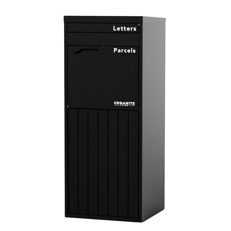 Urbanite Living Corella Extra Tall freestanding parcel letterbox in black on a white studio background.