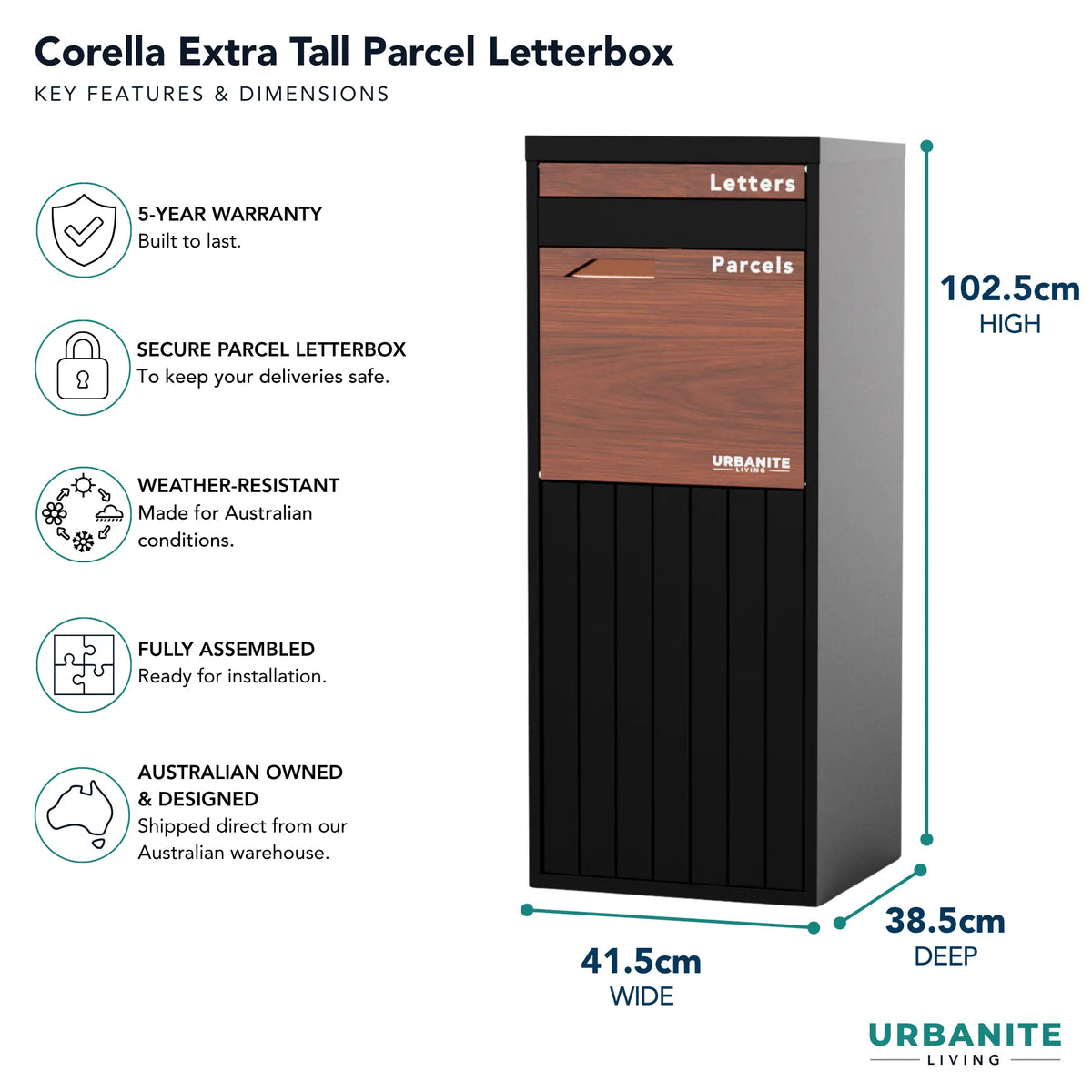 Urbanite Living Corella Extra Tall freestanding parcel letterbox in black with dark wood look metal front panels, with key features and dimensions: 102.5 cm high, 41.5 cm wide, 38.5 cm deep, and a 5-year warranty.