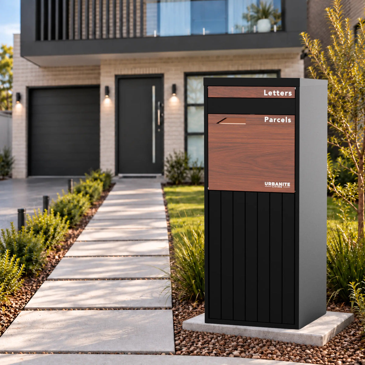 Urbanite Living Corella Extra Tall freestanding parcel letterbox in black with dark wood look metal front panels beside a front path at a home.