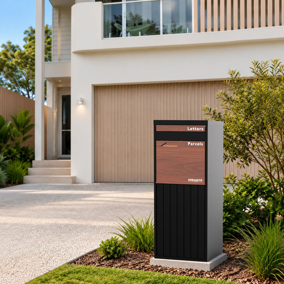 Urbanite Living Corella Extra Tall freestanding parcel letterbox in black with dark wood look metal front panels beside a garden bed at a home.