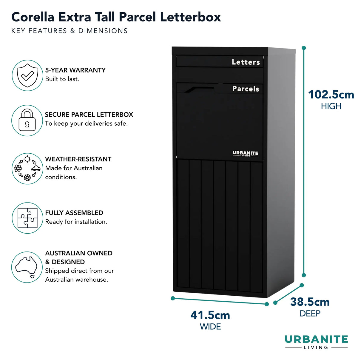 Urbanite Living Corella Extra Tall freestanding parcel letterbox in black, with key features and dimensions: 102.5 cm high, 41.5 cm wide, 38.5 cm deep, and a 5-year warranty.