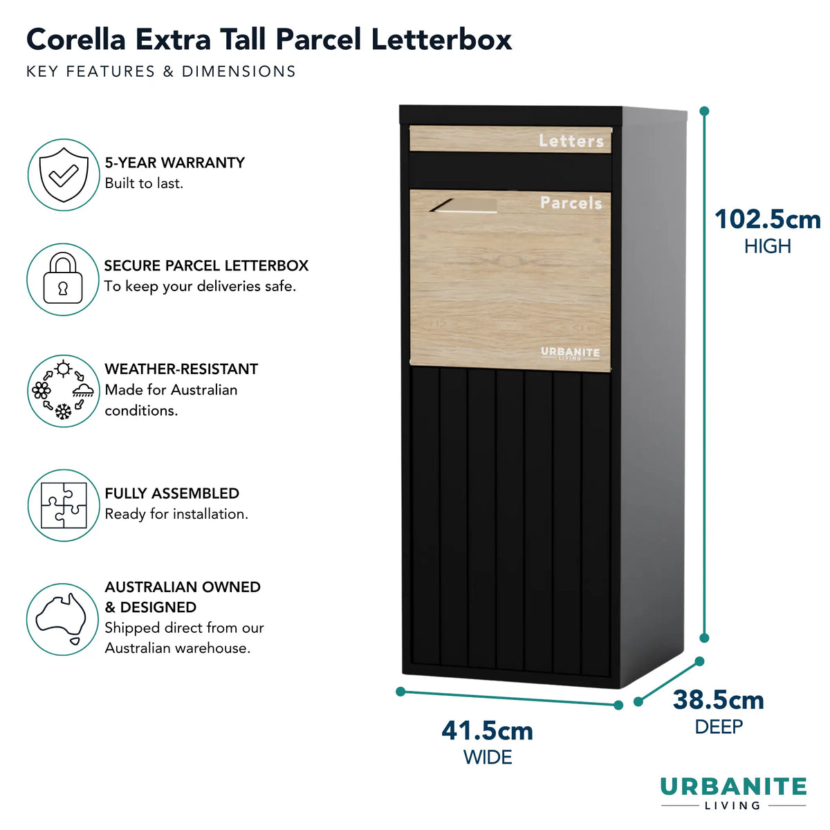 Urbanite Living Corella Extra Tall freestanding parcel letterbox in black with light wood look metal front panels, with key features and dimensions: 102.5 cm high, 41.5 cm wide, 38.5 cm deep, and a 5-year warranty.