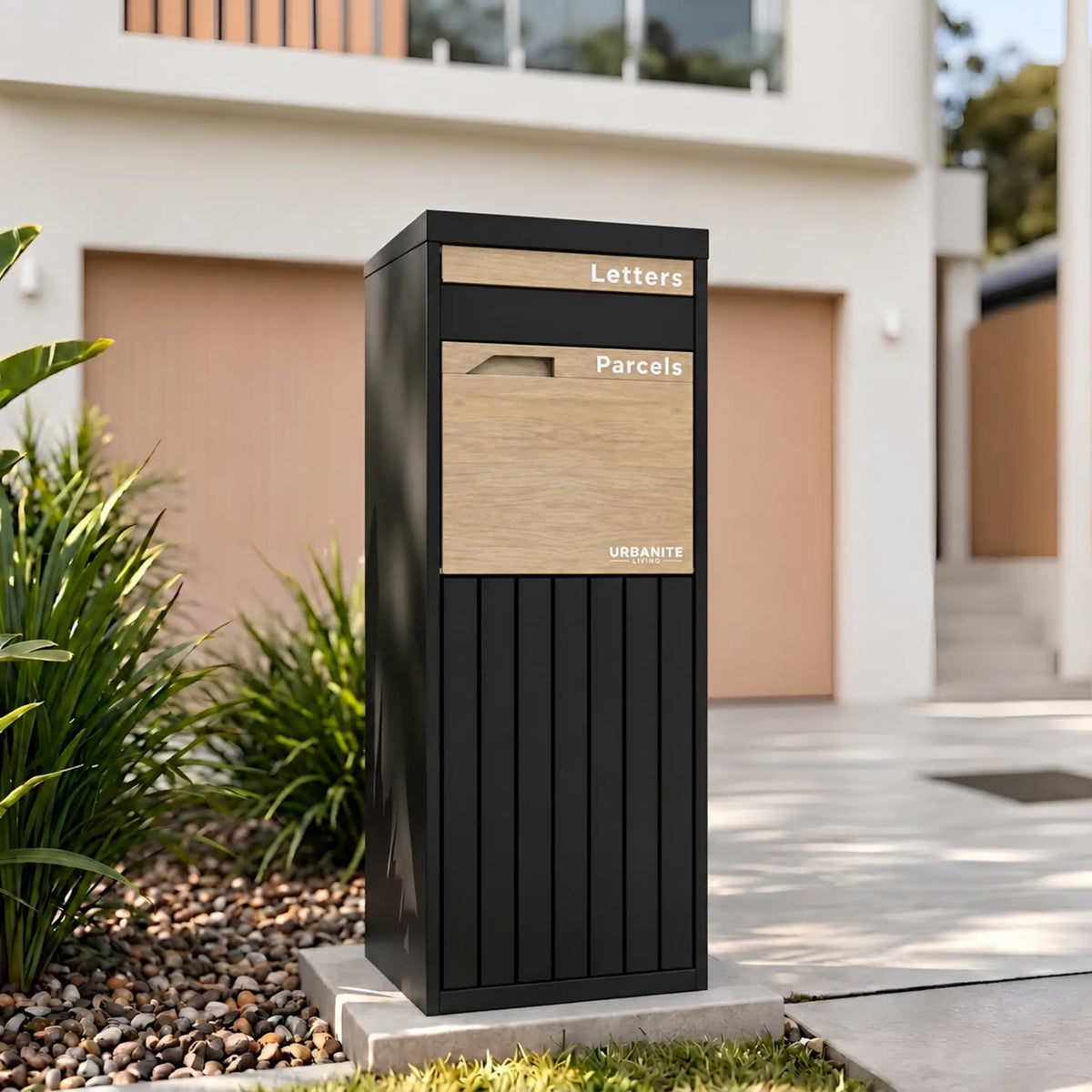 Urbanite Living Corella Extra Tall freestanding parcel letterbox in black with light wood look metal front panels beside a driveway at a home.
