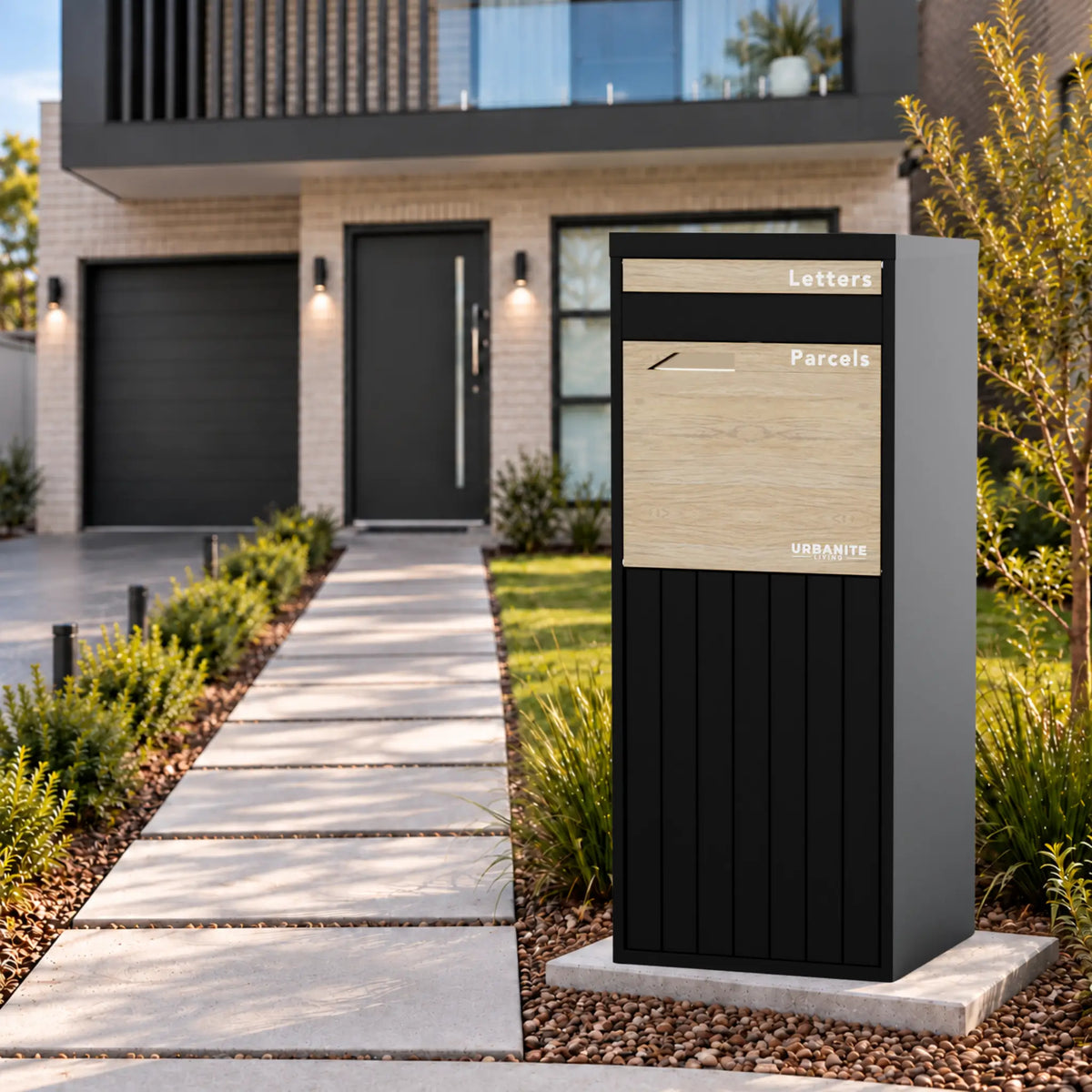 Urbanite Living Corella Extra Tall freestanding parcel letterbox in black with light wood look metal front panels beside a front path at a home.