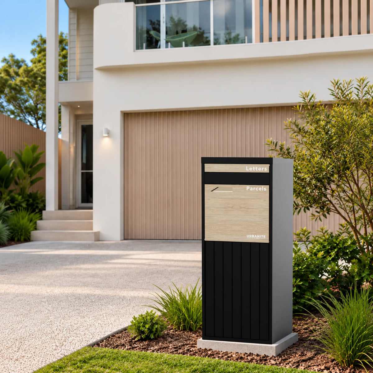 Urbanite Living Corella Extra Tall freestanding parcel letterbox in black with light wood look metal front panels beside a front path at a home.