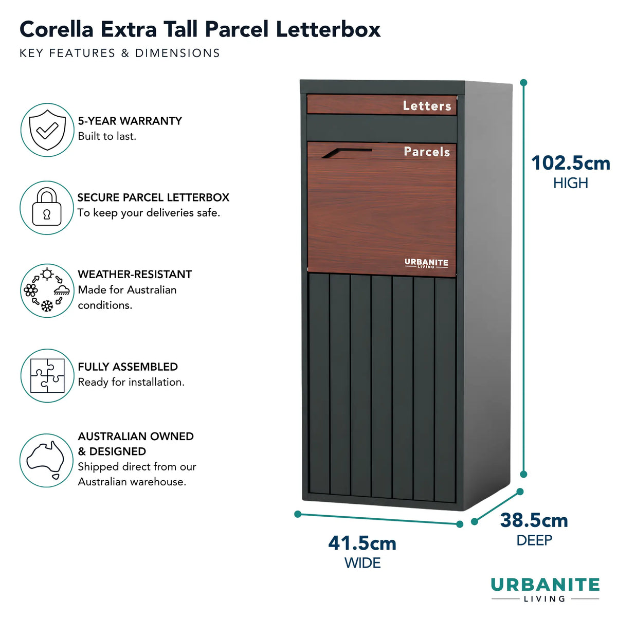 Urbanite Living Corella Extra Tall freestanding parcel letterbox in charcoal with dark wood look metal front panels, with key features and dimensions: 102.5 cm high, 41.5 cm wide, 38.5 cm deep, and a 5-year warranty.