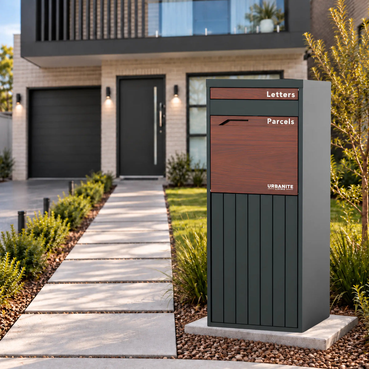 Urbanite Living Corella Extra Tall freestanding parcel letterbox in charcoal with dark wood look metal front panels beside a front path at a home.