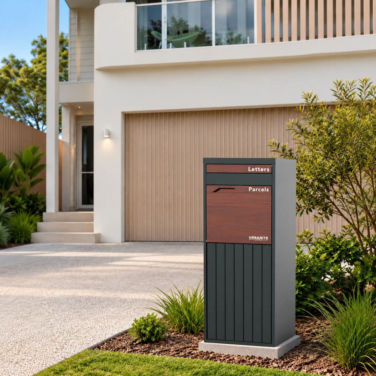 Urbanite Living Corella Extra Tall freestanding parcel letterbox in charcoal with dark wood look metal front panels beside a garden bed at a home.