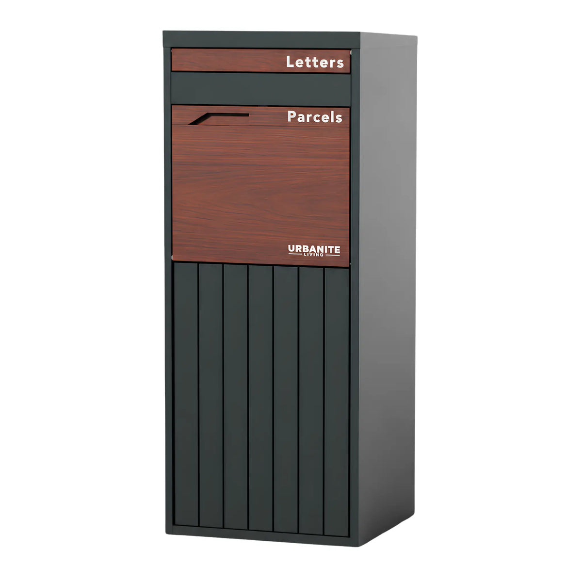 Urbanite Living Corella Extra Tall freestanding parcel letterbox in charcoal with dark wood look metal front panels on a white studio background.