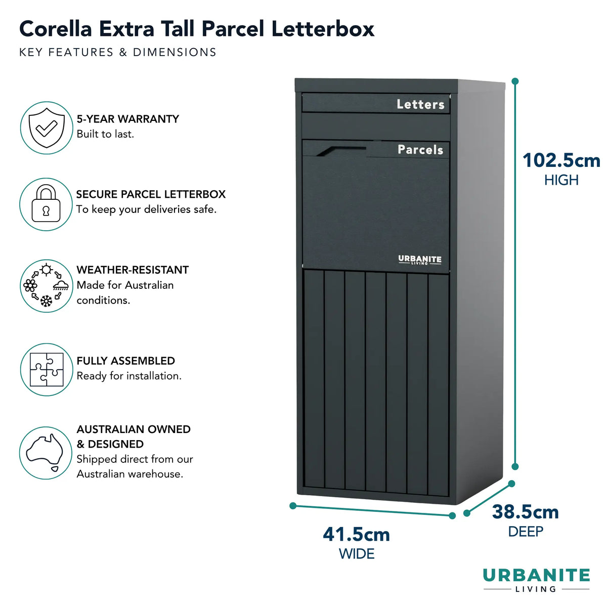 Urbanite Living Corella Extra Tall freestanding parcel letterbox in charcoal, with key features and dimensions: 102.5 cm high, 41.5 cm wide, 38.5 cm deep, and a 5-year warranty.