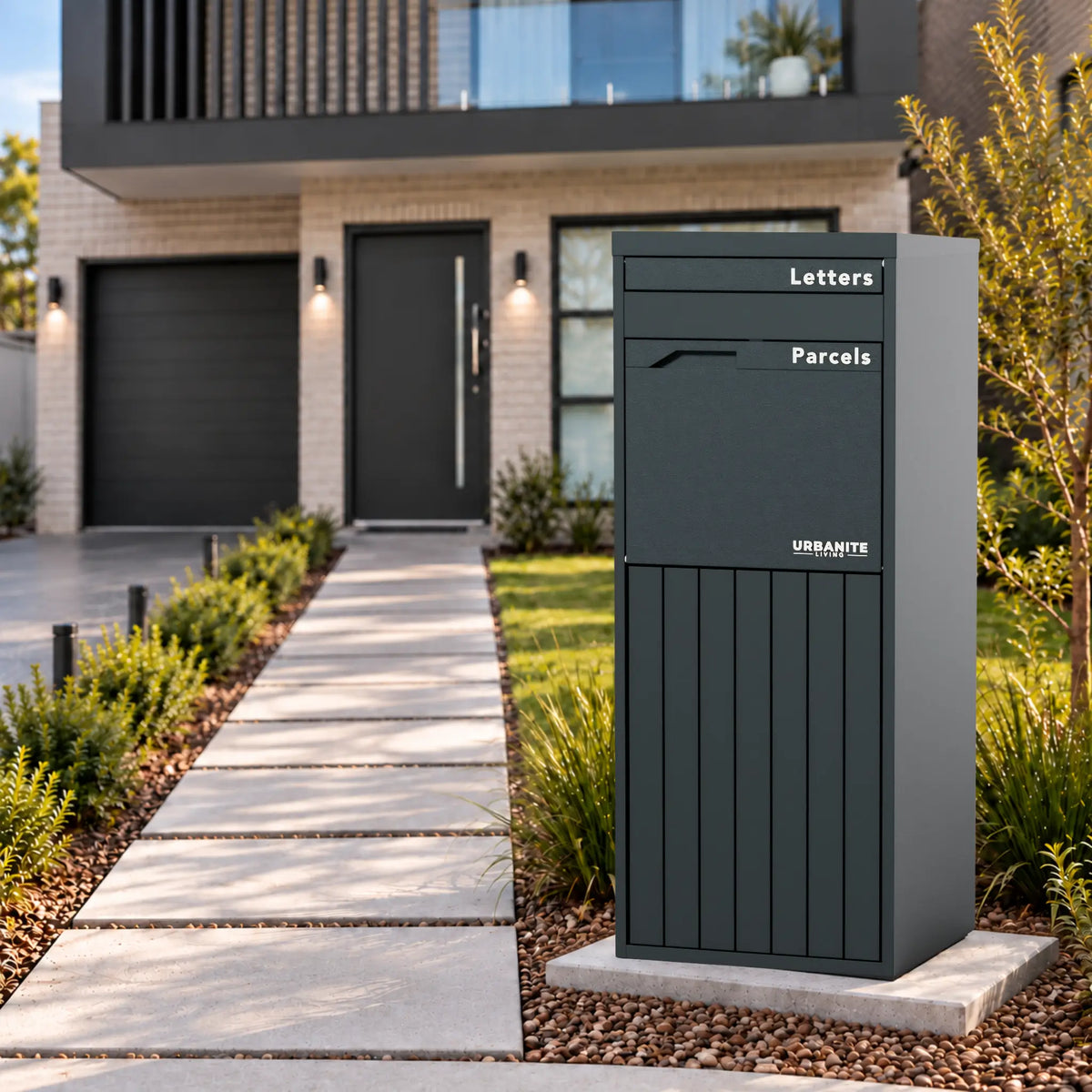 Urbanite Living Corella Extra Tall freestanding parcel letterbox in charcoal beside a front path at a home.