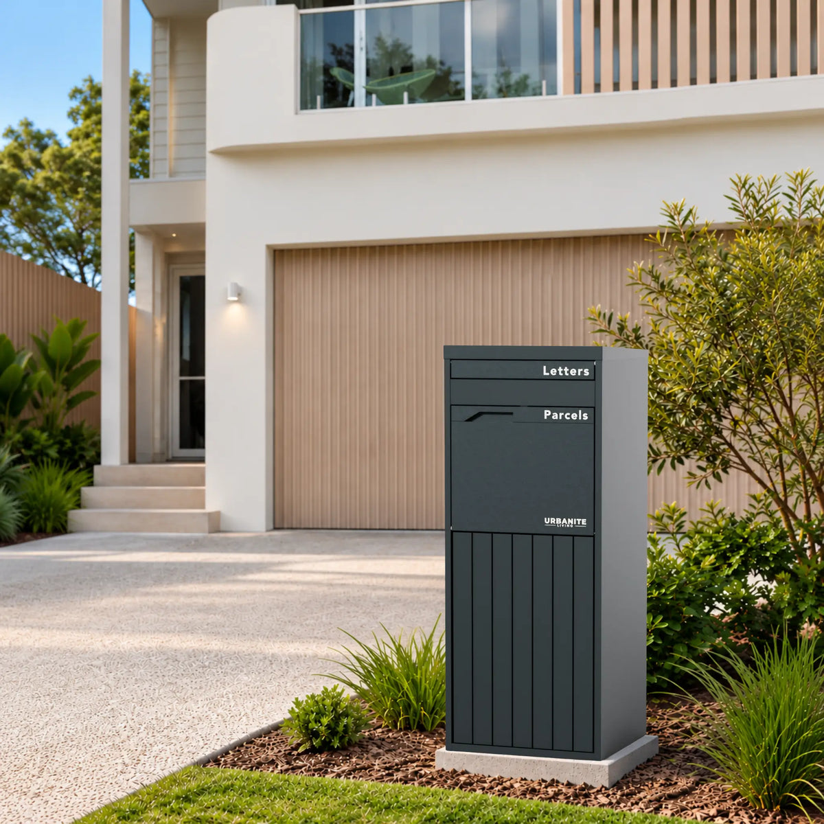 Urbanite Living Corella Extra Tall freestanding parcel letterbox in charcoal beside a garden bed at a home.