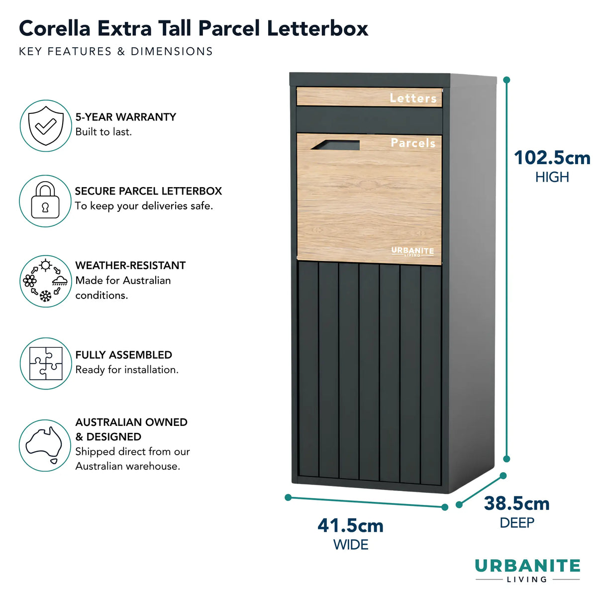 Urbanite Living Corella Extra Tall freestanding parcel letterbox in charcoal with light wood look metal front panels, with key features and dimensions: 102.5 cm high, 41.5 cm wide, 38.5 cm deep, and a 5-year warranty.