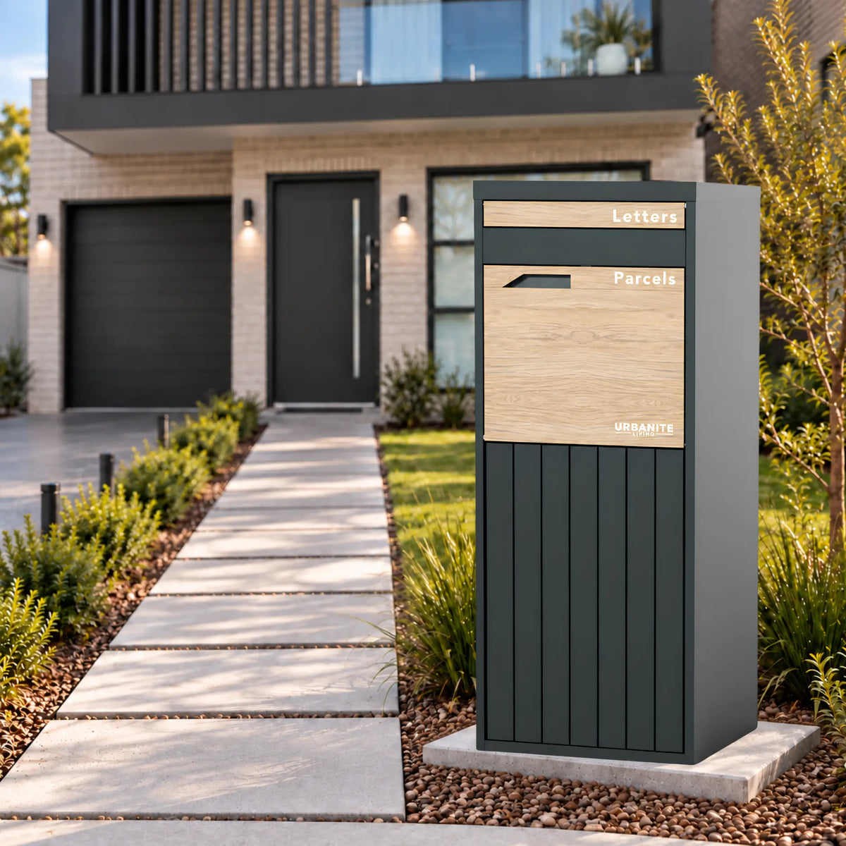 Urbanite Living Corella Extra Tall freestanding parcel letterbox in charcoal with light wood look metal front panels beside a front path at a home.