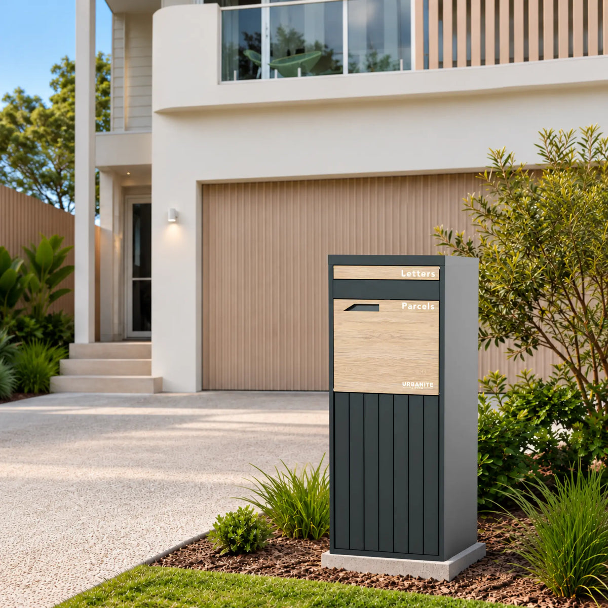 Urbanite Living Corella Extra Tall freestanding parcel letterbox in charcoal with light wood look metal front panels beside a garden bed at a home.