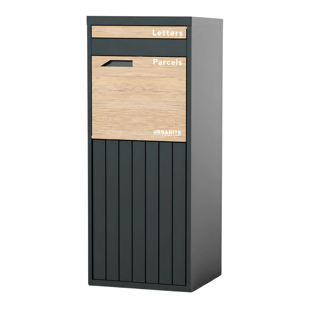 Urbanite Living Corella Extra Tall freestanding parcel letterbox in charcoal with light wood look metal front panels on a white studio background.
