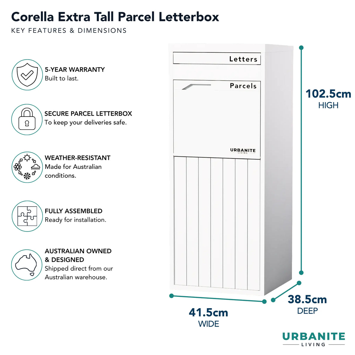 Urbanite Living Corella Extra Tall freestanding parcel letterbox in black, with key features and dimensions: 102.5 cm high, 41.5 cm wide, 38.5 cm deep, and a 5-year warranty.