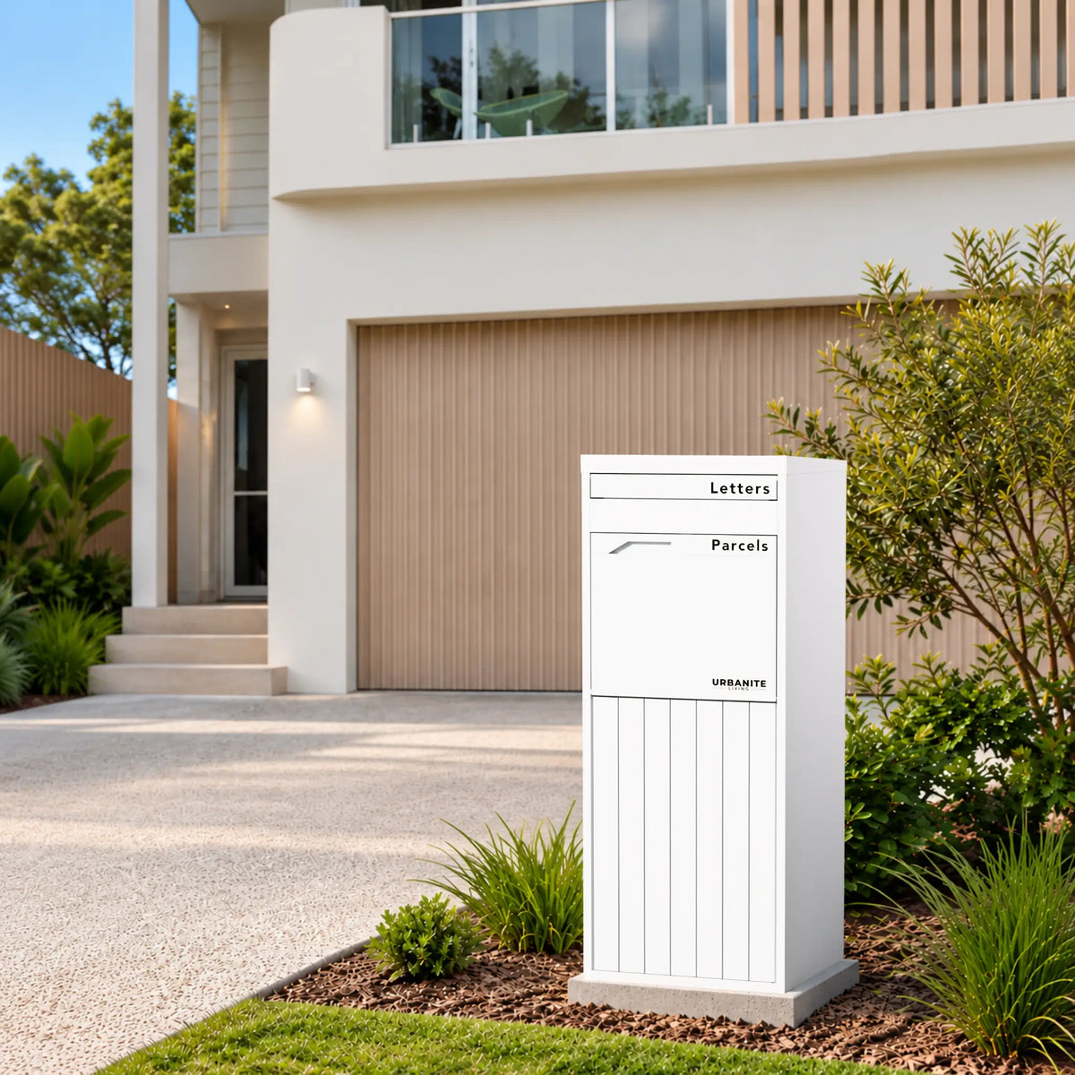 Urbanite Living Corella Extra Tall freestanding parcel letterbox in white beside a garden bed at a home.