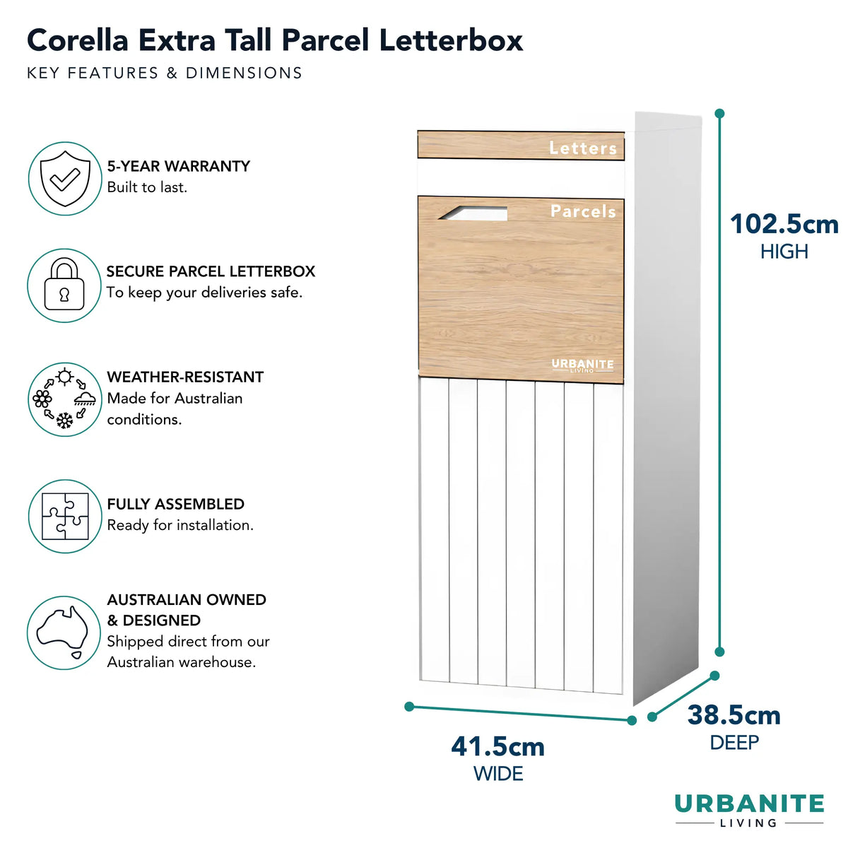 Urbanite Living Corella Extra Tall freestanding parcel letterbox in white with light wood look metal front panels, with key features and dimensions: 102.5 cm high, 41.5 cm wide, 38.5 cm deep, and a 5-year warranty.