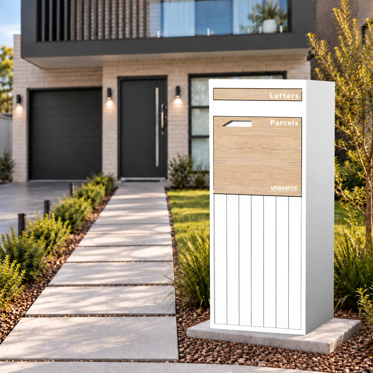 Urbanite Living Corella Extra Tall freestanding parcel letterbox in white with light wood look metal front panels beside a front path at a home.