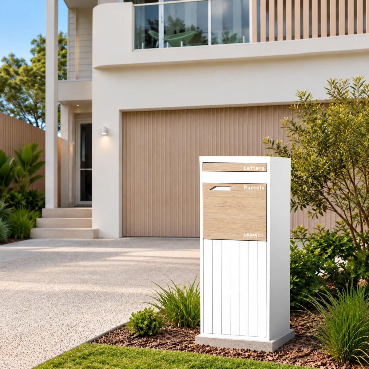 Urbanite Living Corella Extra Tall freestanding parcel letterbox in white with light wood look metal front panels beside a garden bed at a home.