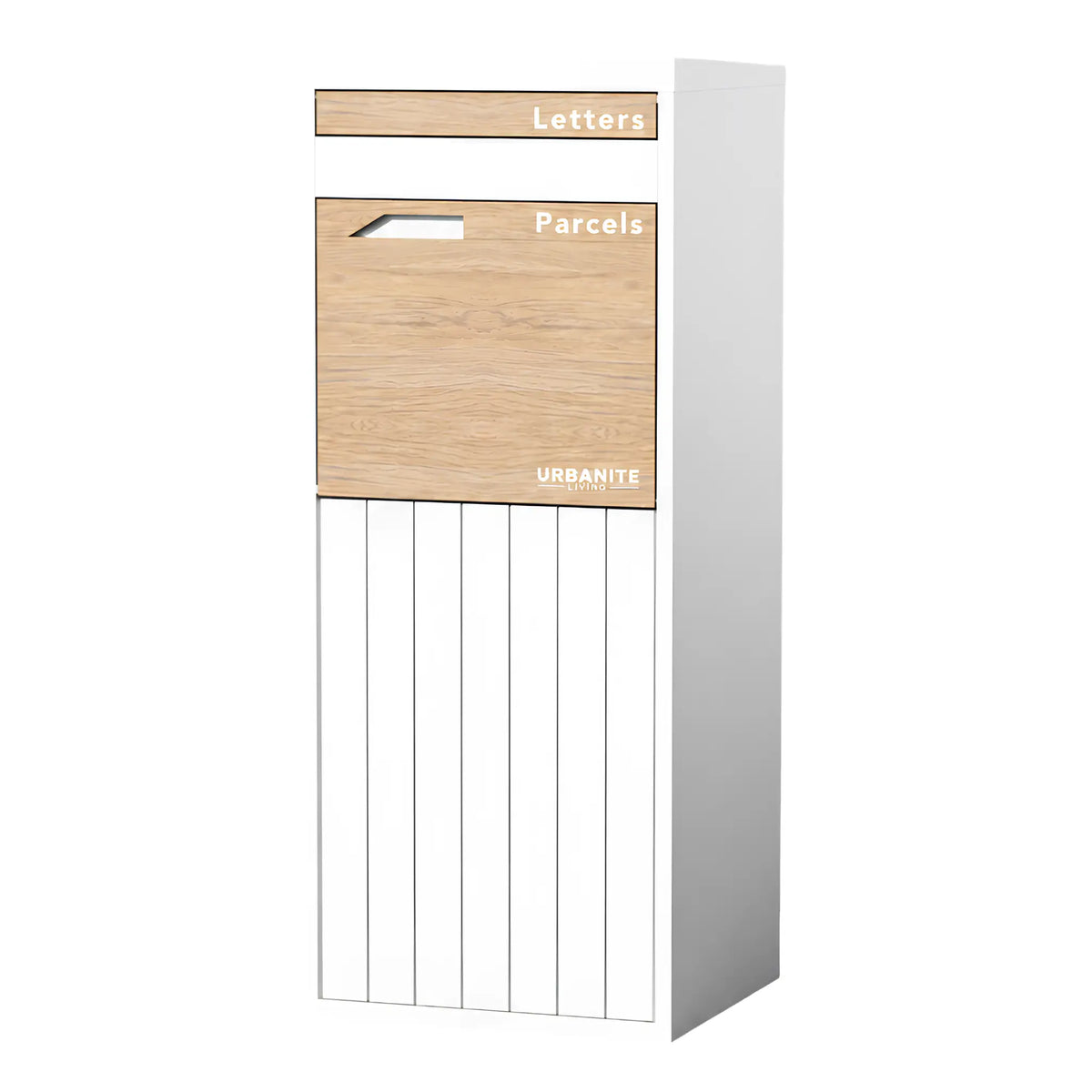 Urbanite Living Corella Extra Tall freestanding parcel letterbox in white with light wood look metal front panels on a white studio background.