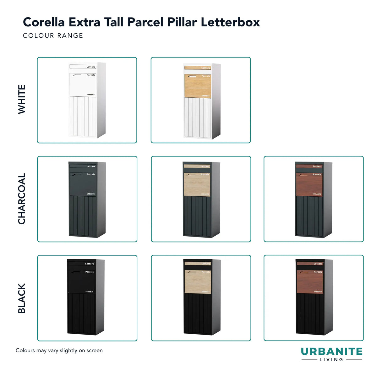 Urbanite Living Corella Pillar Parcel Letterbox Colour Range.   White, White with Oak Look.  Charcoal, Charcoal with Oak Look, Charcoal with Merbau Look.  Black, Black with Oak Look, Black with Merbau Look.