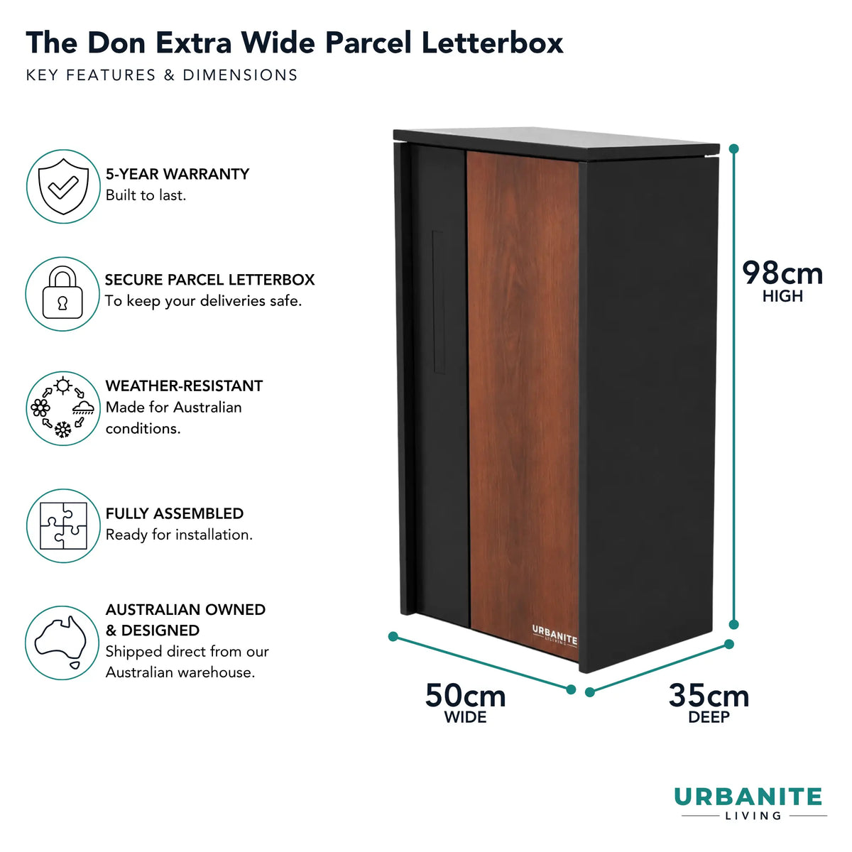 Urbanite Living The Don Extra Wide Parcel Letterbox in black with dark wood look metal front panel, showing 98 cm high, 50 cm wide and 35 cm deep dimensions.