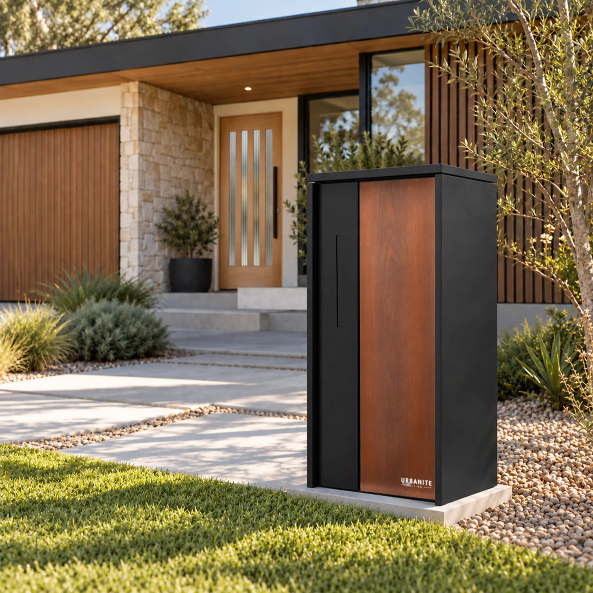 Urbanite Living The Don Extra Wide Parcel Letterbox in black with dark wood look metal front panel beside a landscaped front path.