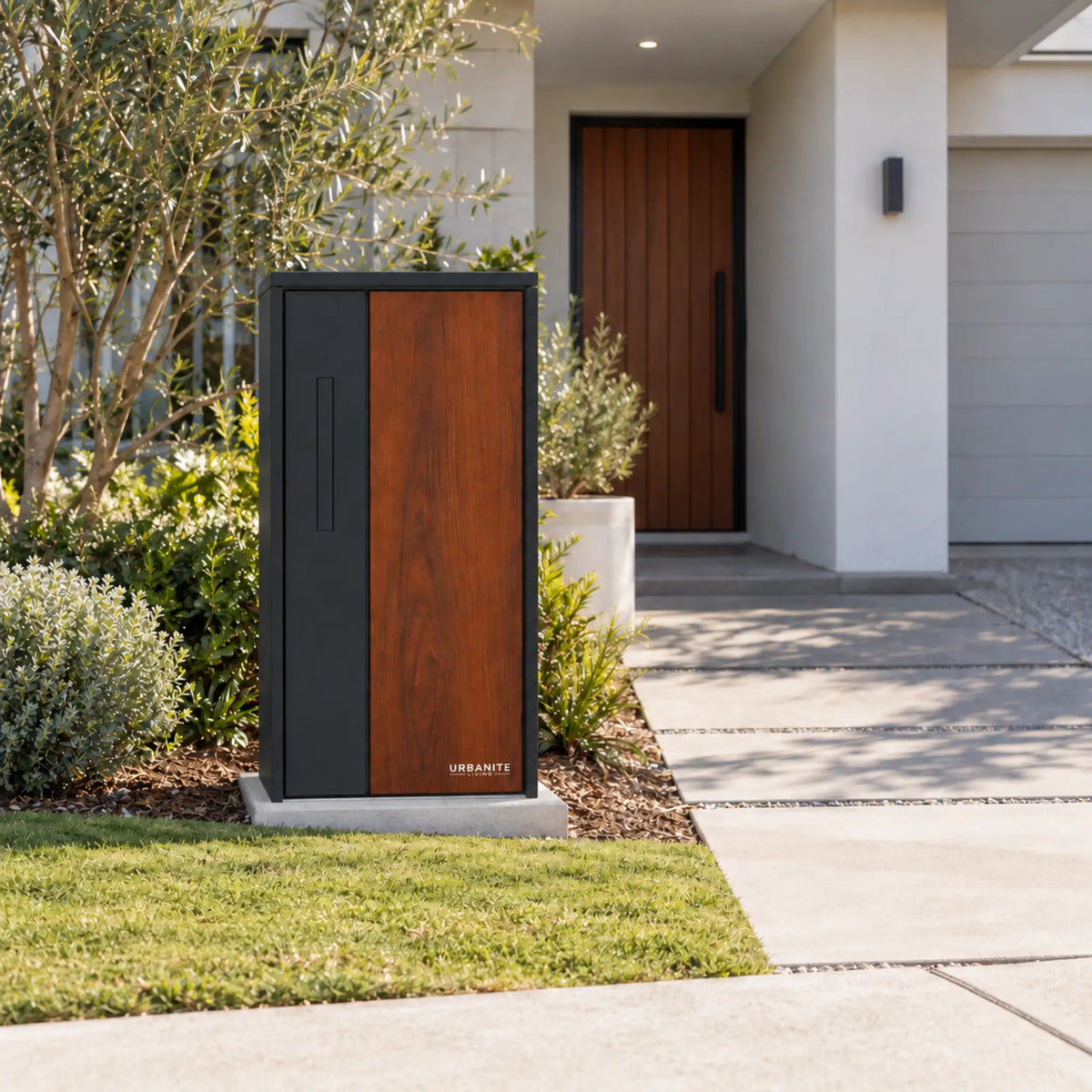 Urbanite Living The Don Extra Wide Parcel Letterbox in black with dark wood look metal front panel outside a modern home.