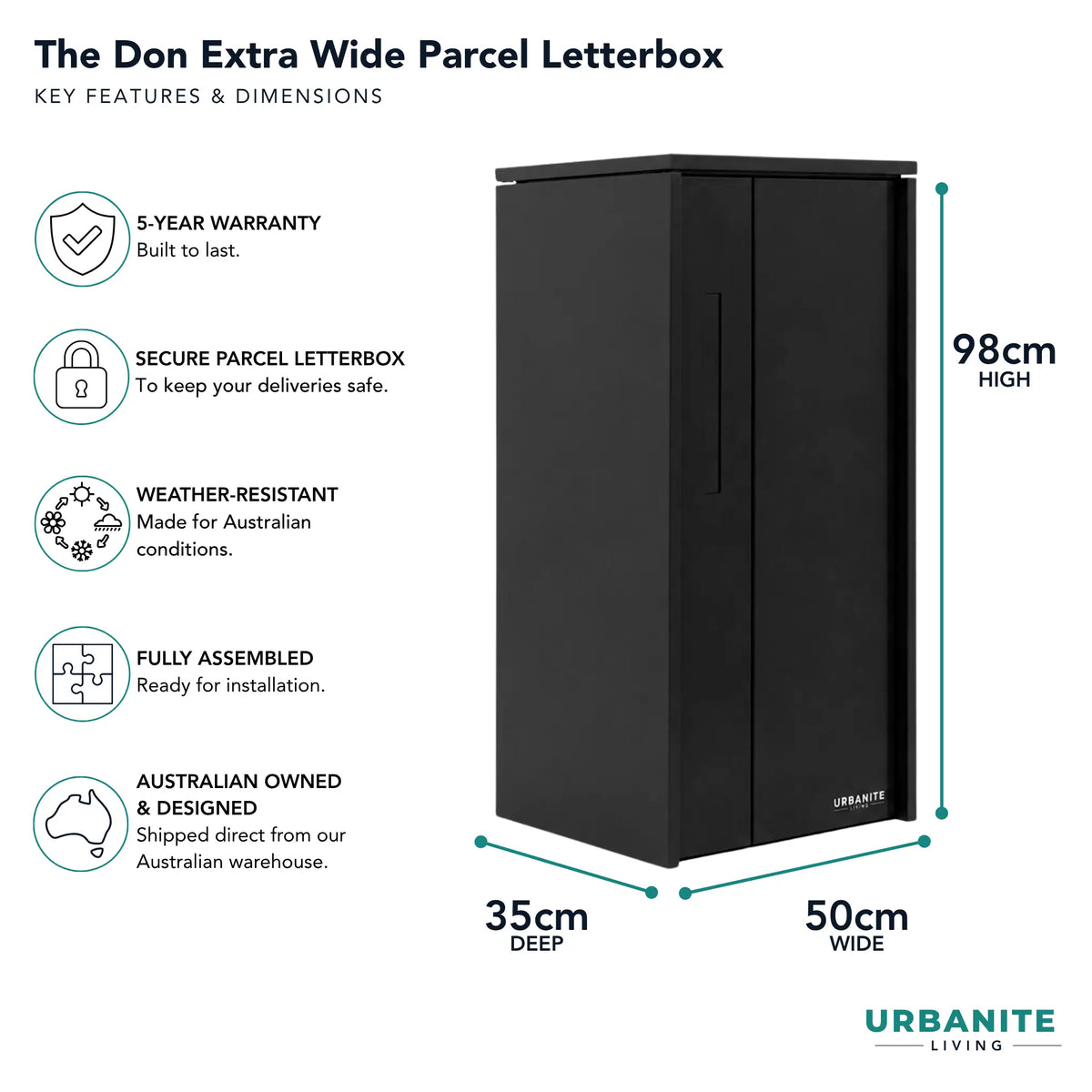 Urbanite Living The Don Extra Wide Parcel Letterbox in black, showing 98 cm high, 50 cm wide and 35 cm deep dimensions. 