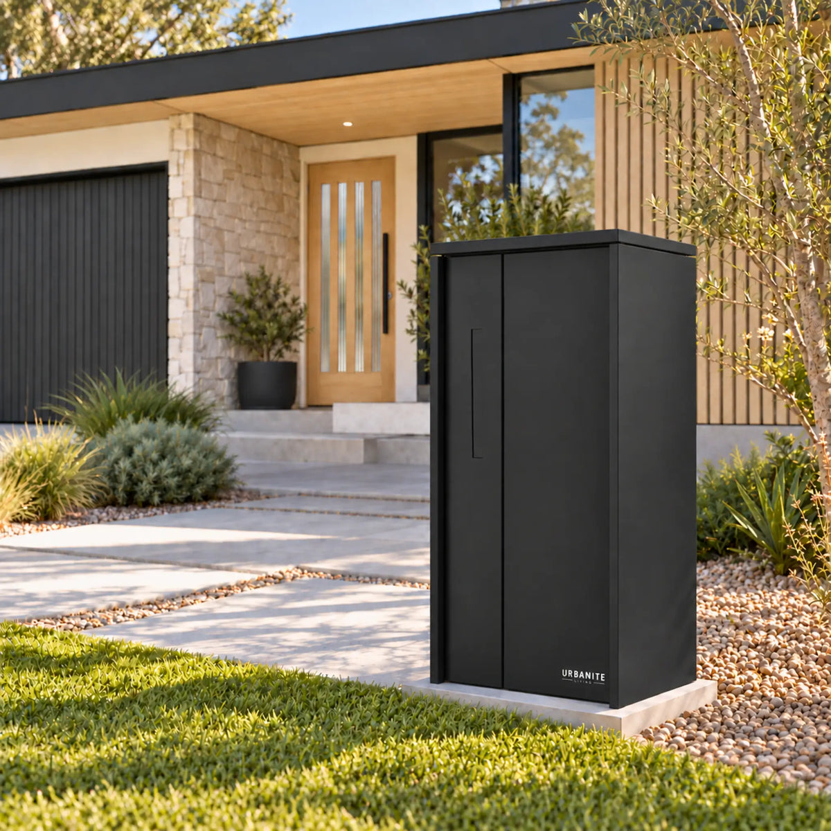 Urbanite Living The Don Extra Wide Parcel Letterbox in black outside a modern home. 