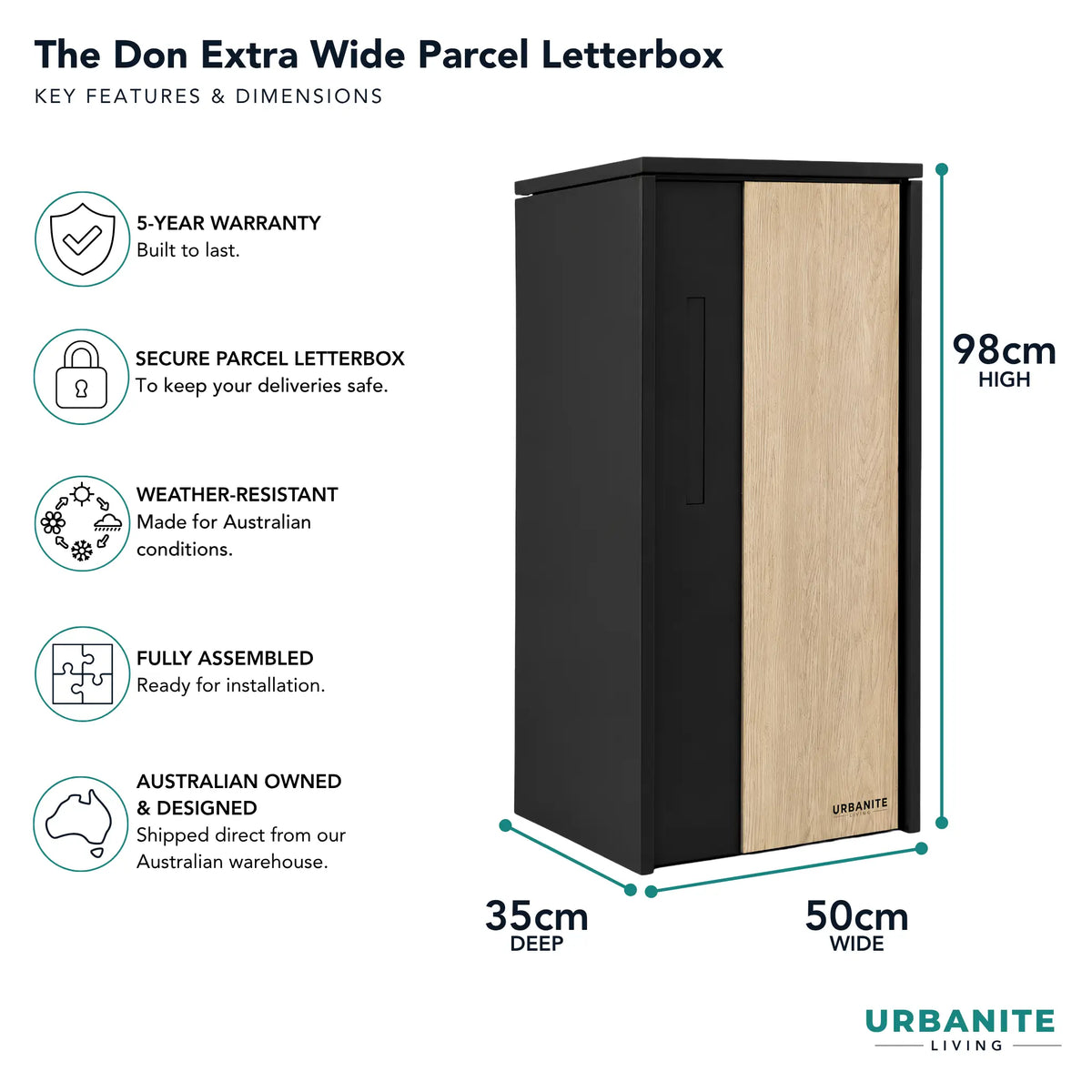 Urbanite Living The Don Extra Wide Parcel Letterbox in black with light wood look metal front panel, showing 98 cm high, 50 cm wide and 35 cm deep dimensions. 