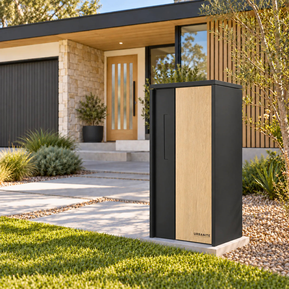 Urbanite Living The Don Extra Wide Parcel Letterbox in black with light wood look metal front panel outside a modern home. 
