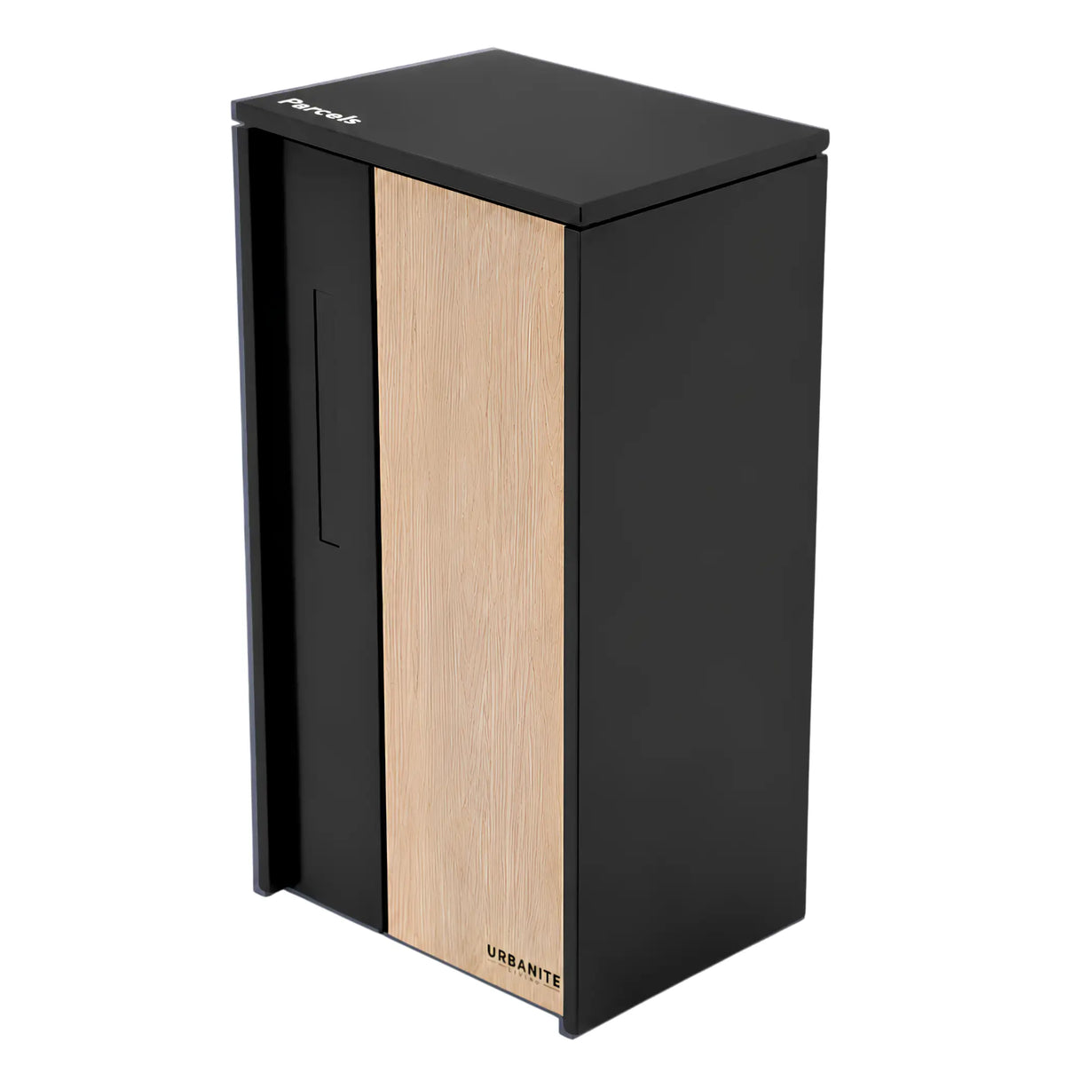 Urbanite Living The Don Extra Wide Parcel Letterbox in black with light wood look metal front panel on a white background.