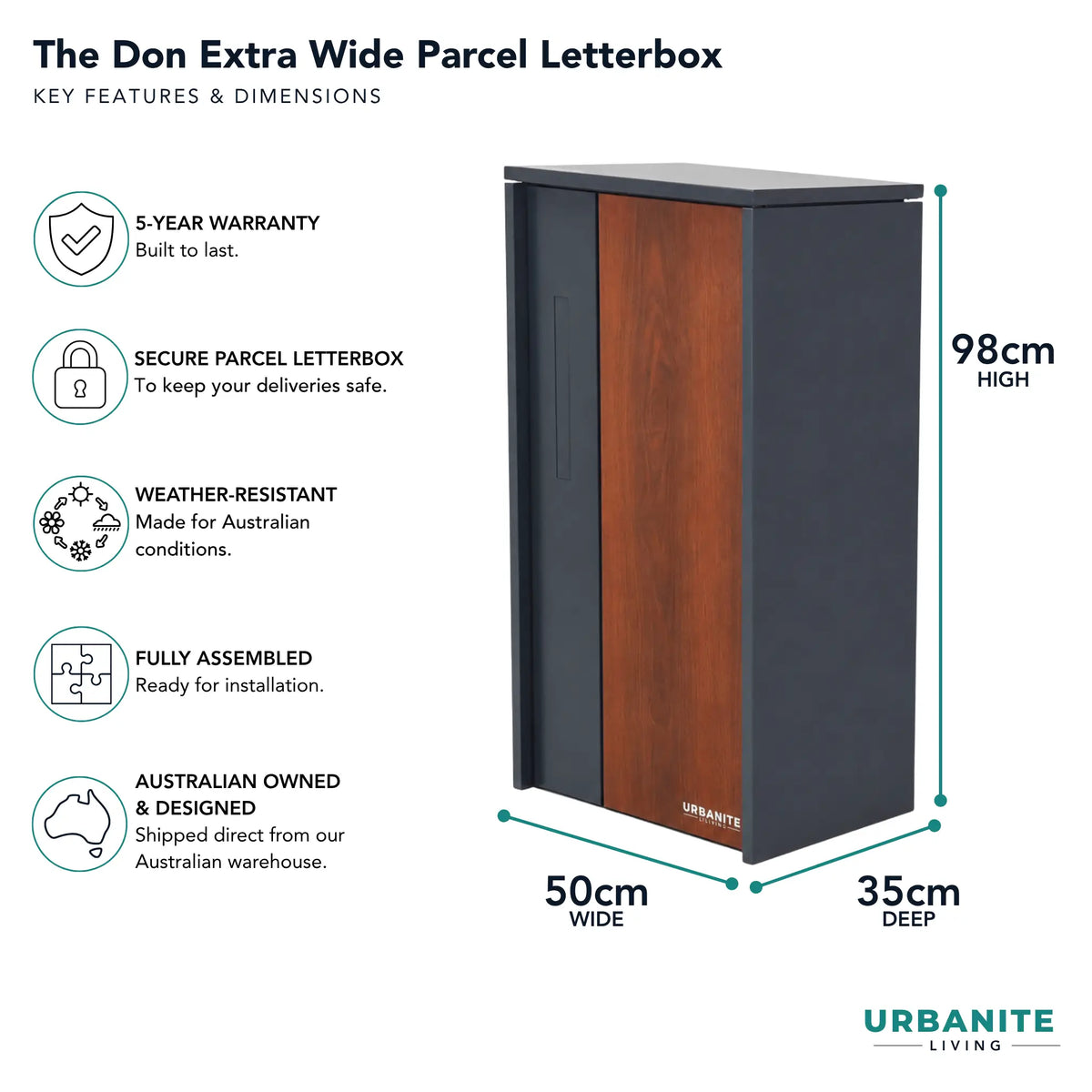 Urbanite Living The Don Extra Wide Parcel Letterbox in charcoal with dark wood look metal front panel, showing 98 cm high, 50 cm wide and 35 cm deep dimensions. 