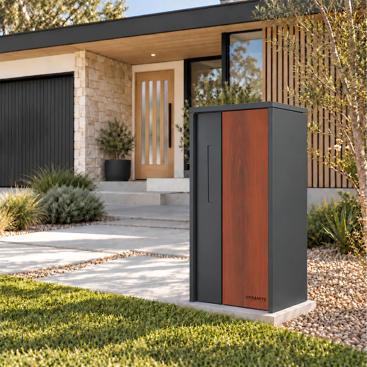 Urbanite Living The Don Extra Wide Parcel Letterbox in charcoal with dark wood look metal front panel outside a modern home. 