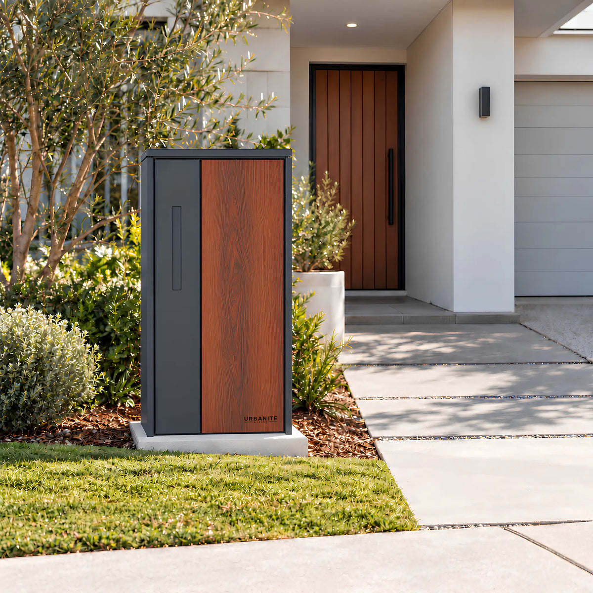 Urbanite Living The Don Extra Wide Parcel Letterbox in charcoal with dark wood look metal front panel beside a landscaped front path. 