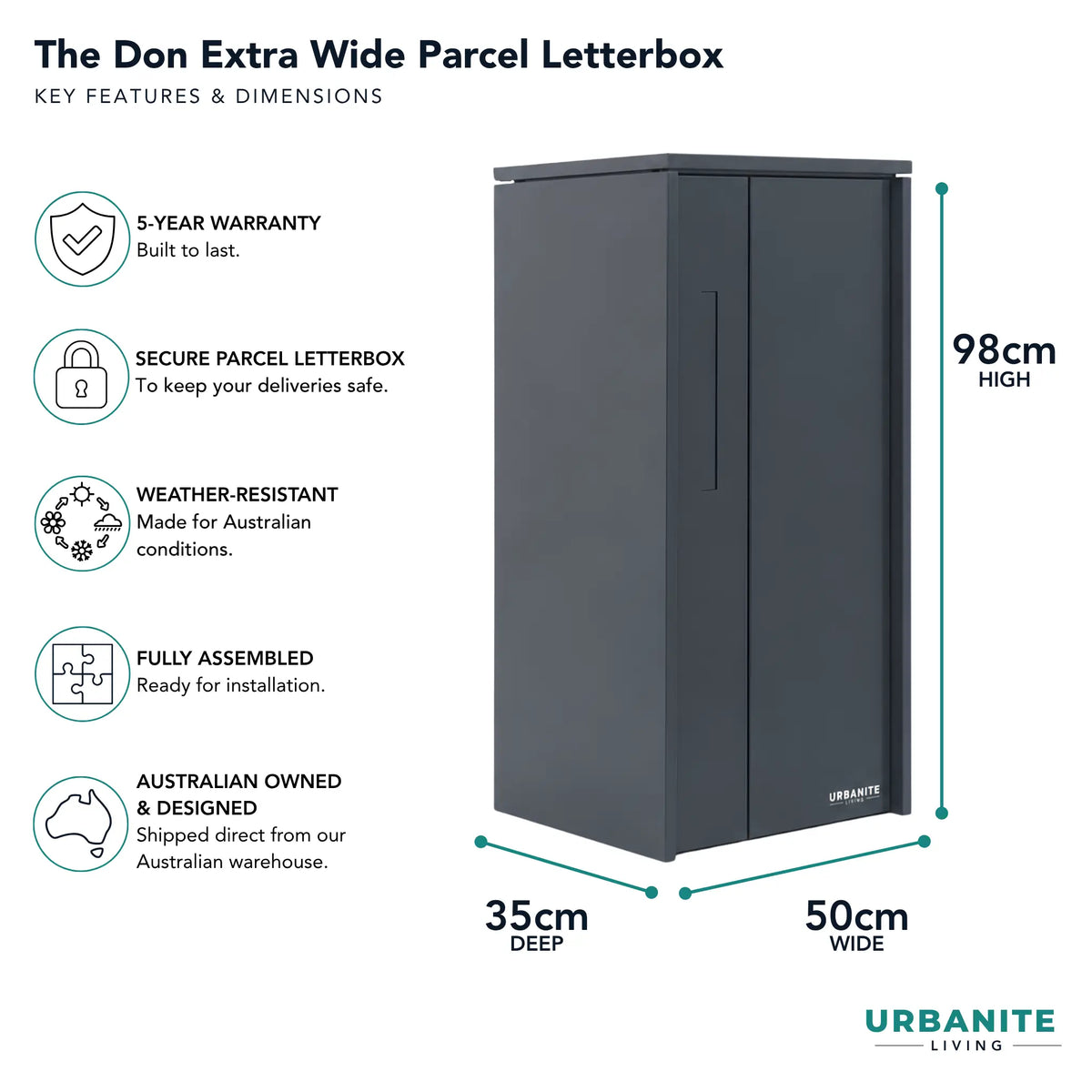 Urbanite Living The Don Extra Wide Parcel Letterbox in charcoal, showing 98 cm high, 50 cm wide and 35 cm deep dimensions. 