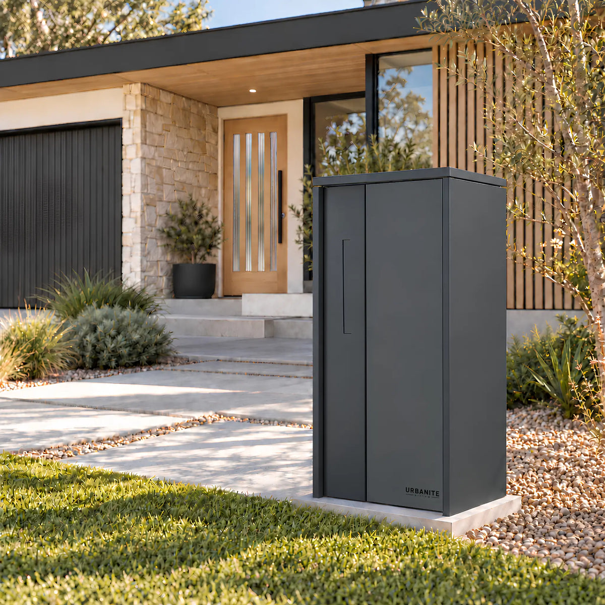 Urbanite Living The Don Extra Wide Parcel Letterbox in charcoal outside a modern home. 