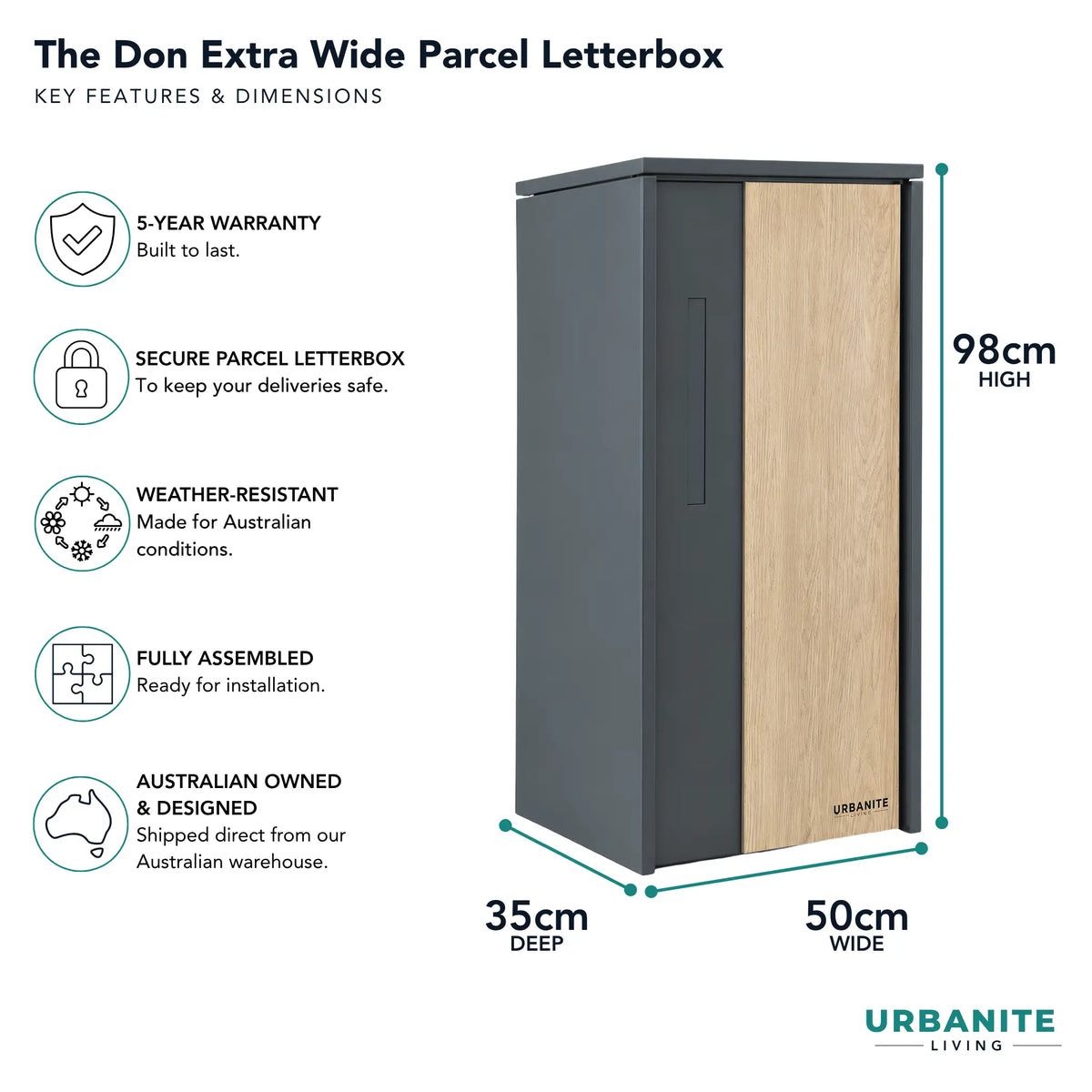 Urbanite Living The Don Extra Wide Parcel Letterbox in charcoal with light wood look metal front panel, showing 98 cm high, 50 cm wide and 35 cm deep dimensions. 