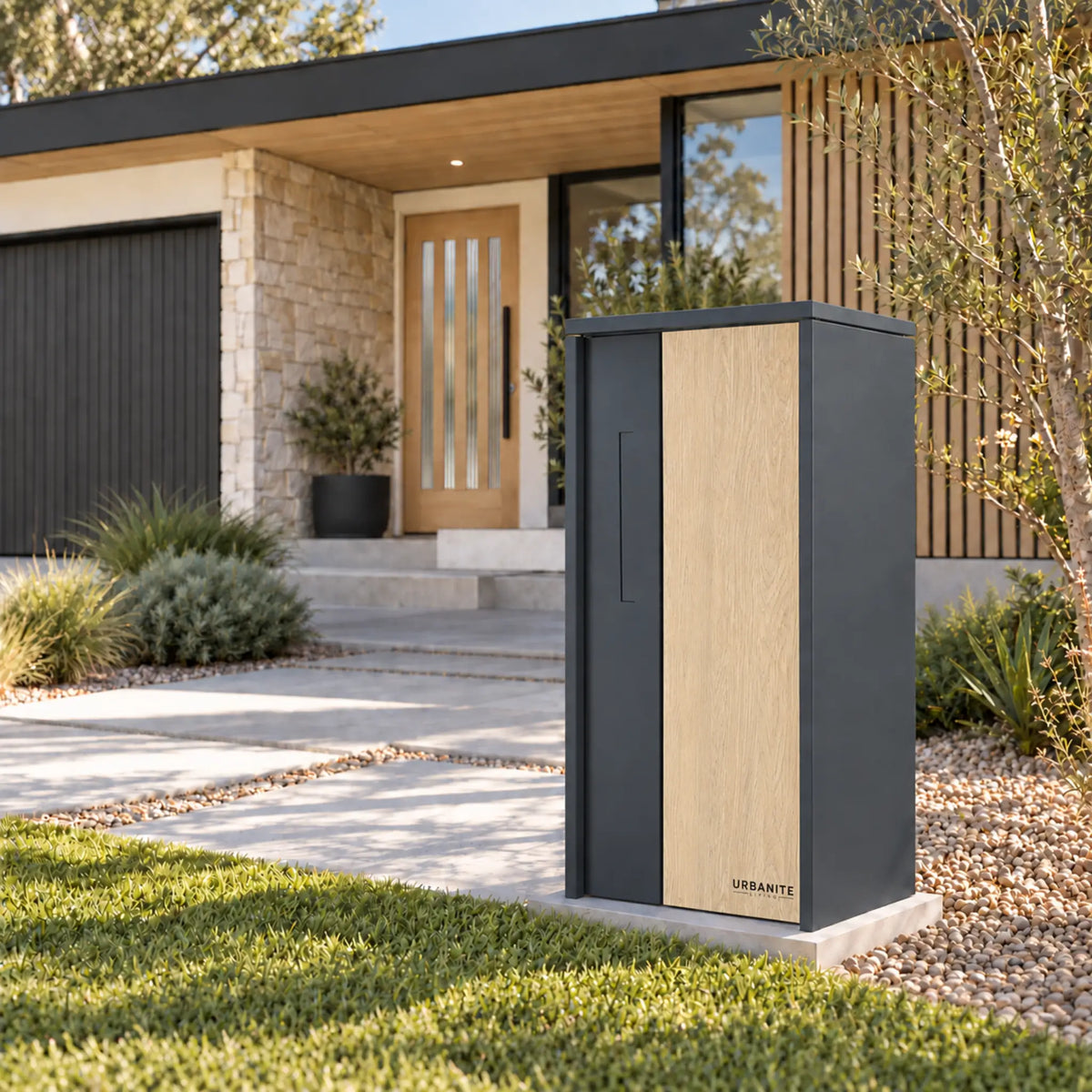 Urbanite Living The Don Extra Wide Parcel Letterbox in charcoal with light wood look metal front panel outside a modern home. 