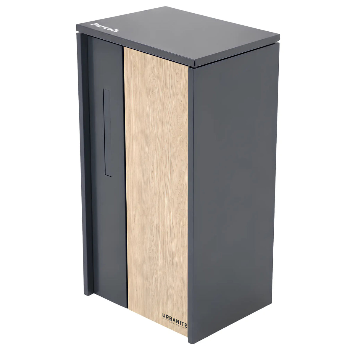 Urbanite Living The Don Extra Wide Parcel Letterbox in charcoal with light wood look metal front panel on a white background.