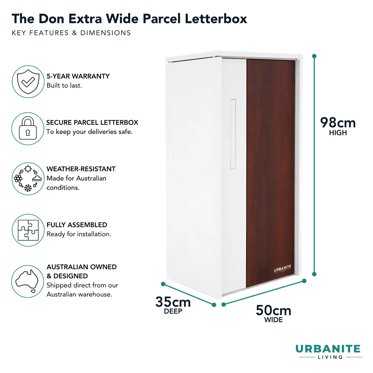 Urbanite Living The Don Extra Wide Parcel Letterbox in white with dark wood look metal front panel, showing 98 cm high, 50 cm wide and 35 cm deep dimensions. 