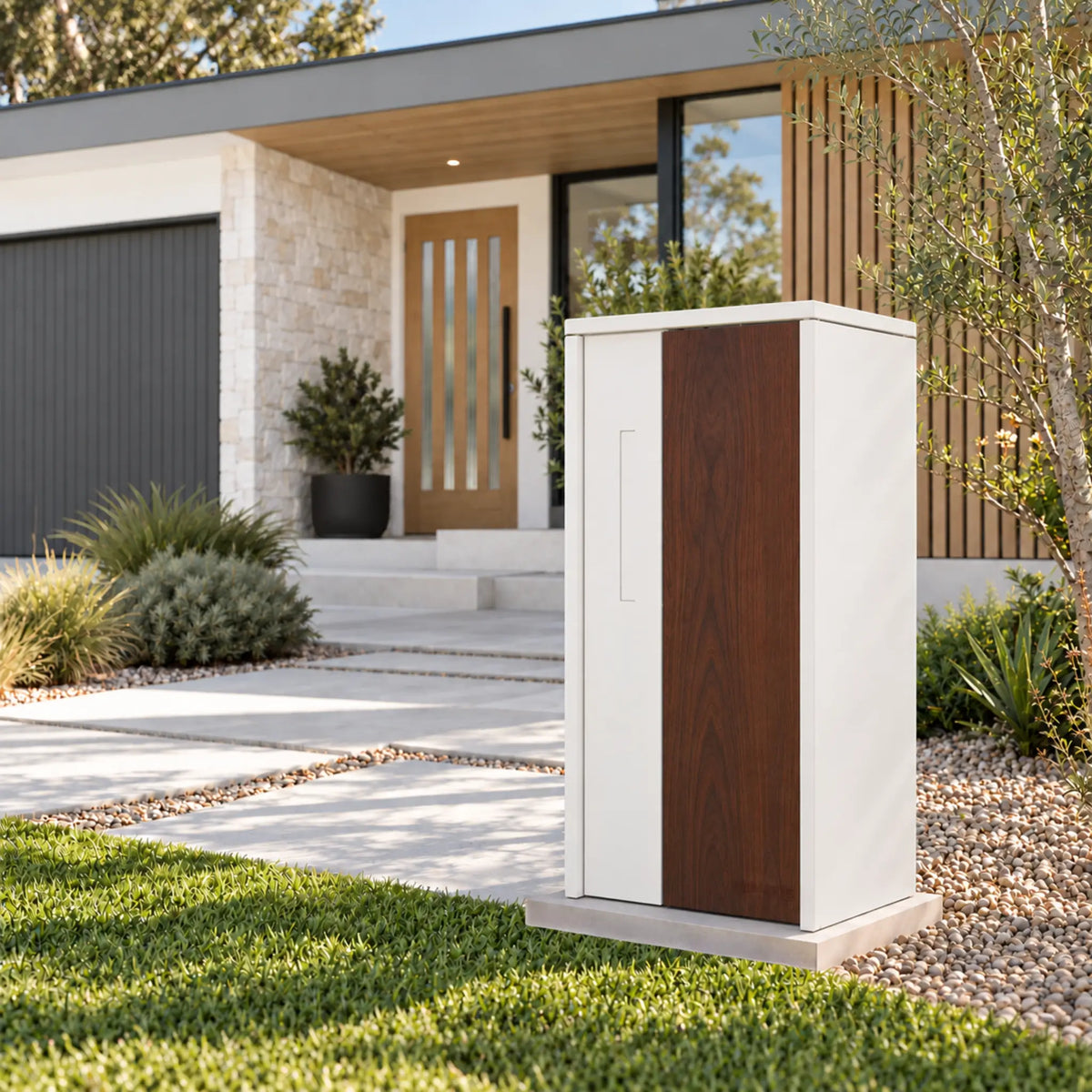 Urbanite Living The Don Extra Wide Parcel Letterbox in white with dark wood look metal front panel outside a modern home. 