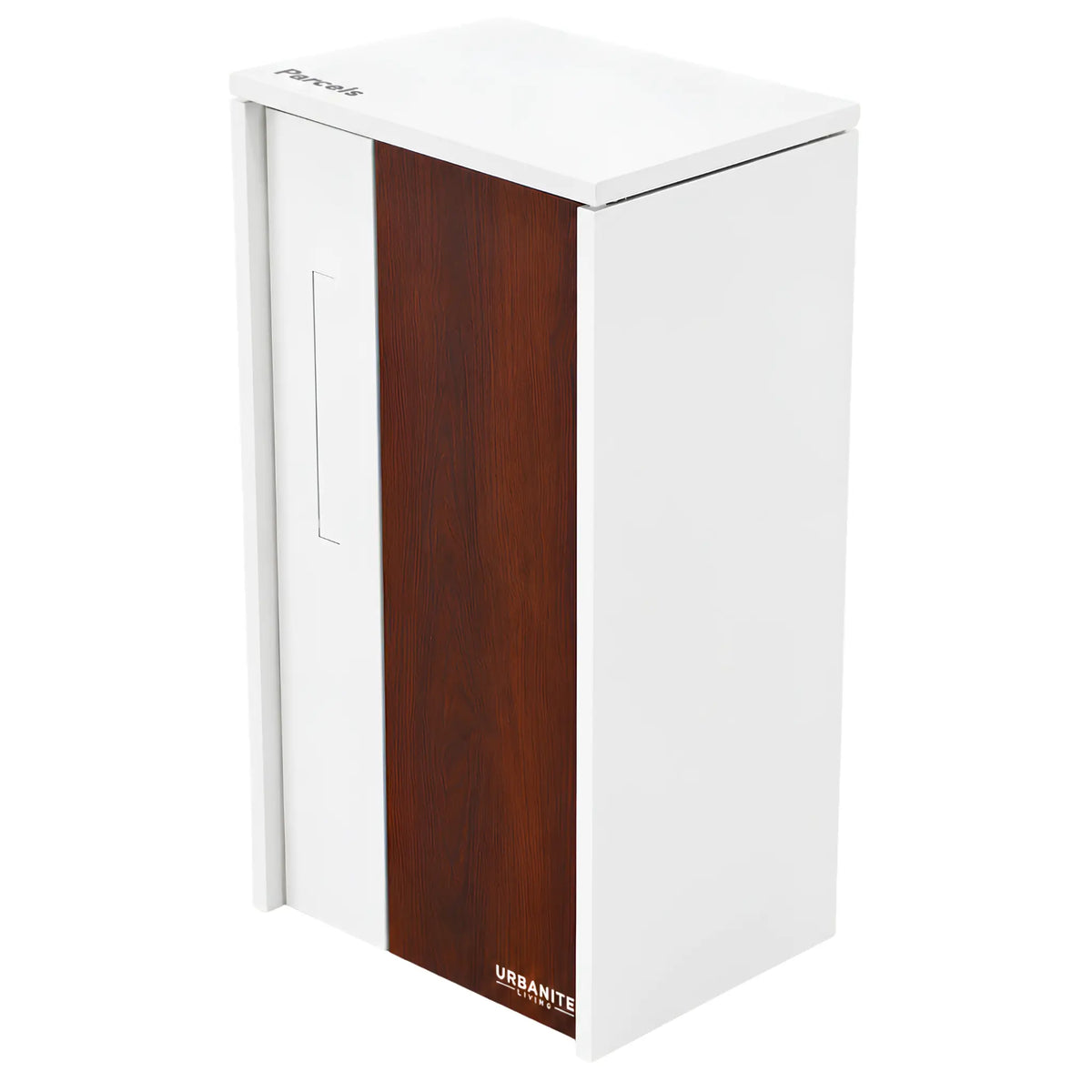 Urbanite Living The Don Extra Wide Parcel Letterbox in white with dark wood look metal front panel on a white background.