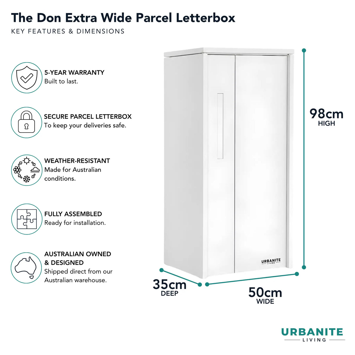 Urbanite Living The Don Extra Wide Parcel Pillar Letterbox in white, showing 98 cm high, 50 cm wide and 35 cm deep dimensions. 