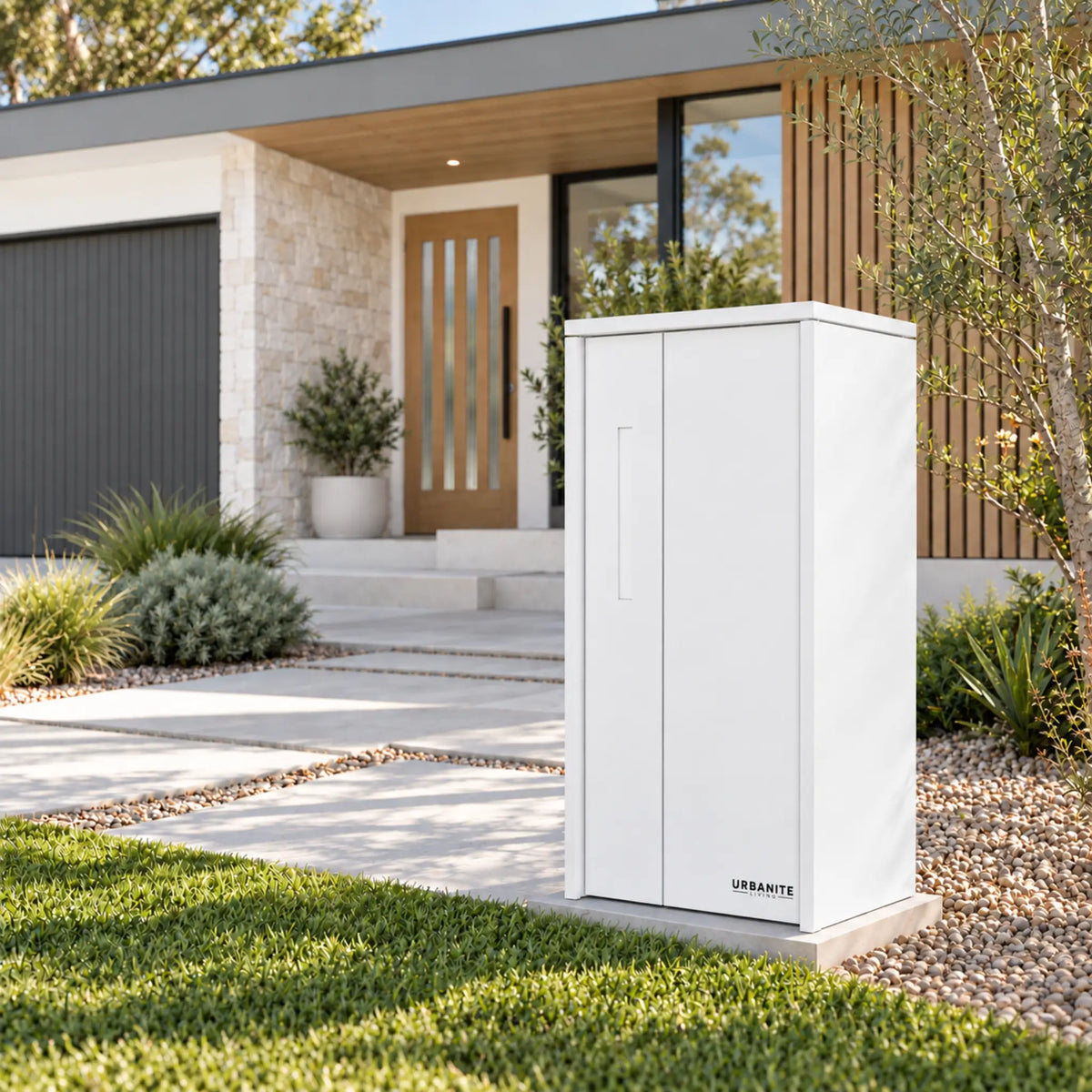 Urbanite Living The Don Extra Wide Parcel Letterbox in white outside a modern home. 