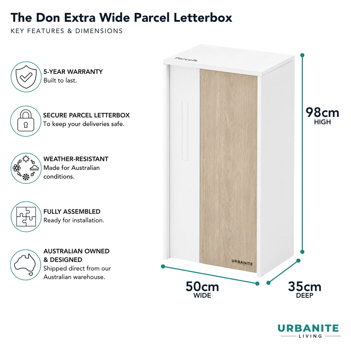 Urbanite Living The Don Extra Wide Parcel Letterbox in white with light wood look metal front panel, showing 98 cm high, 50 cm wide and 35 cm deep dimensions. 