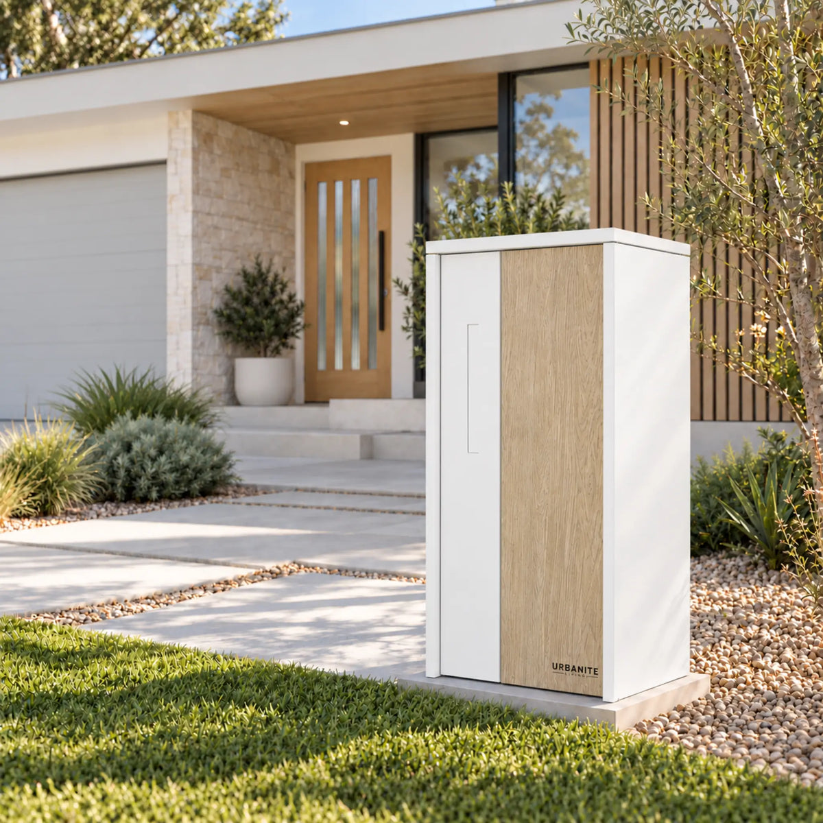 Urbanite Living The Don Extra Wide Parcel Letterbox in white with light wood look metal front panel outside a modern home. 